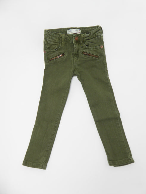 Zara - Broek (104) Groene jeans met ritsen vooraan