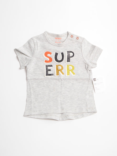 Hema - T-shirt kort (74) Grijze gespikkelde t-shirt met gekleurde letters