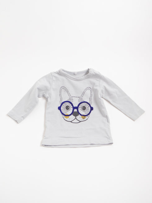 Name it - T-shirt lang (62) Grijze longsleeve met tekening hond met bril